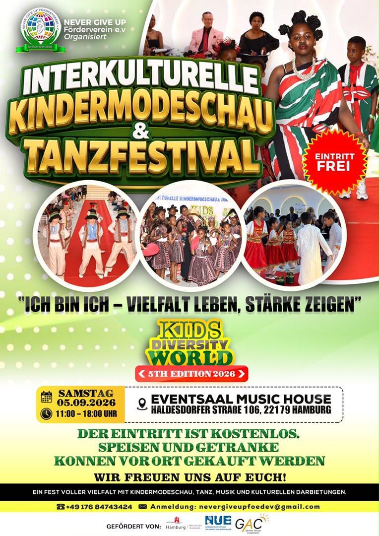 Plakat zur interkulturellen Kindermodenschau und zum Tanzfestival Kids Diversity World 2026