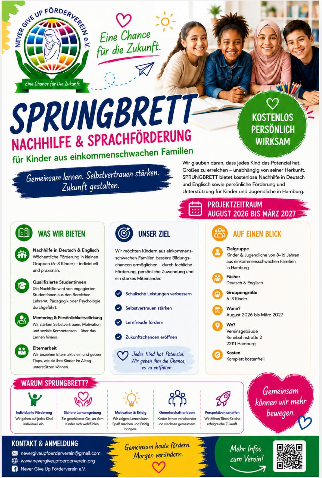 Plakat zum Projekt SPRUNG BRETT für kostenlose Nachhilfe und Sprachförderung